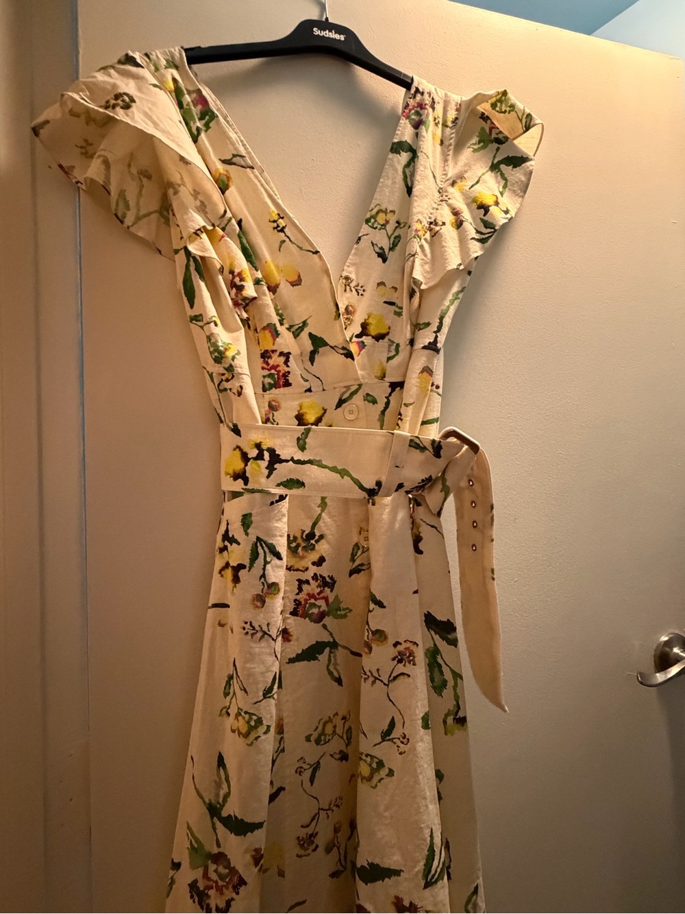 Tanya Taylor Cream Floral Belted Wrap Midi Dress - Picture 2 of 4